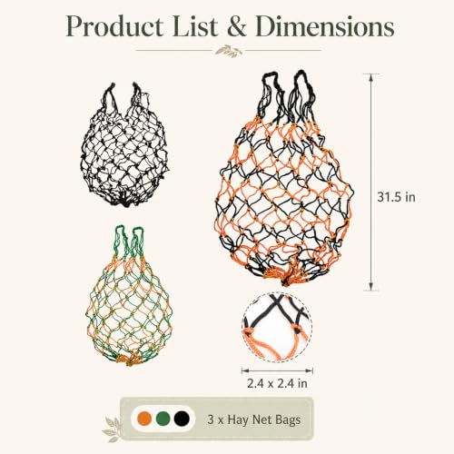 3 Pcs Hay Nets for Horses, 31.5 in Slow Feed Hay Bags with Small Mesh Holes, Heavy-Duty Goats & Livestock Feeding Solution for Stable, Trailer, and Fence Mounting (3 Colors)