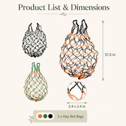 3 Pcs Hay Nets for Horses, 31.5 in Slow Feed Hay Bags with Small Mesh Holes, Heavy-Duty Goats & Livestock Feeding Solution for Stable, Trailer, and Fence Mounting (3 Colors)