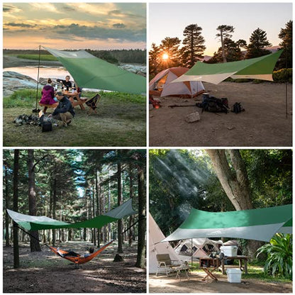 Forceatt 12x14FT Waterproof Camping Tarp with 2 Poles, Sun Shelter for Car, Tent, Hammock in Camping, Hiking, Backpacking, Garden and Traveling - color: Green & Gray