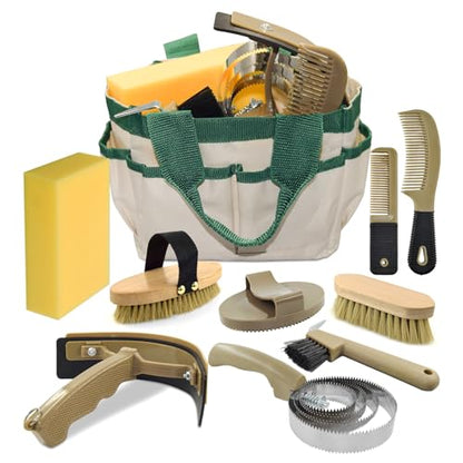 Professional 10 Pieces Horse Grooming Kit with Tote Bag, Horse Brush & Curry Comb Set for Effective Grooming and Bathing, Equine Coat Care Tack Room Supplies, Horse Gifts for Girls