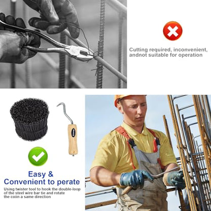 500pcs Rebar Wire Bar Ties, 6" Double Loop, 16 Gauge - Reinforcing Steel Bar Ties with Wooden Grip Handle for Concrete Construction,1 Gloves (500pcs with Wire Tie Twisters) - size: 500pcs with Wire Tie Twisters