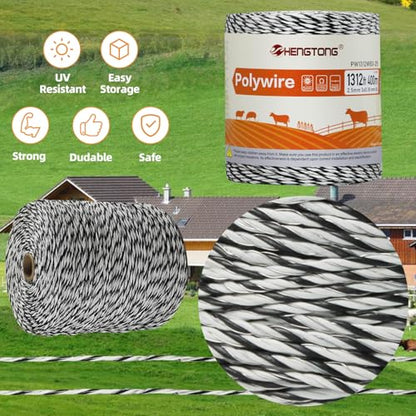 Electric Fence Polywire, 1320ft (400m), 3 Aluminum Strands, UV-Resistant PVC, 0.1in (2.5mm) Diameter, 256 lbs Tensile Strength, for Livestock and Rotational Grazing, White and Black - size: 1312 FT