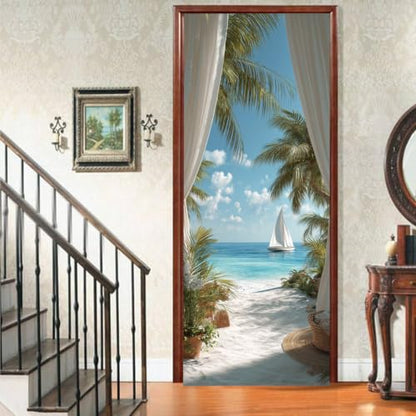Tropical Window Curtain Beach Door Mural Peel Stick 30x79in Vinyl Decal - color: Colorful2219