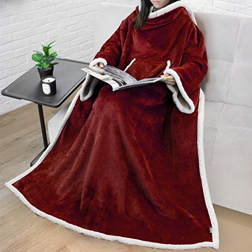 PAVILIA Sherpa Wearable Blanket with Sleeves and Pocket, Plush Thick Cozy Body Blanket Wrap for Adult Women Men, Christmas Gift for Wife Mom, Burgundy Red - color: Wine