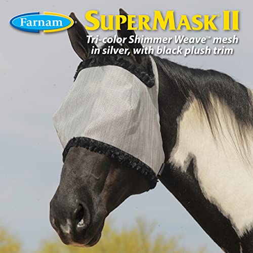 Farnam SuperMask II Shimmer Weave Mesh Horse Fly Mask Without Ears, Eye Protection from Insect Pests, Soft Silver Mesh with Black Plush Trim, Horse Size - size: Horse, style: Foal, Yearling, Small Horse/Arabian, Horse, Extra Large