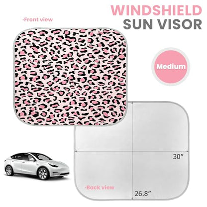 2 PCS Car Front Windshield Shade, Leopard Auto Windshield Sunshade Foldable Sun Blocker to Keep Your Vehicle Cool, Front Windscreen Sun & Heat Protection Cover for Most Vehicles (Pink) - color: Pink