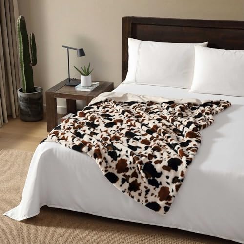 Wrangler - Blanket, Super Soft & Reversible Faux Fur Bedding, Yellowstone Inspired Throw Blanket for Couch or Bed (Spotted Cow Print Brown, 50" x 70") - color: Spotted Cow Print Brown