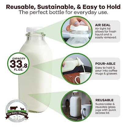The Dairy Shoppe Heavy Glass Milk Bottles - Jugs with Extra Lids and a Silicone Pour Spout - Clear Milk Containers for Fridge - Reusable Glass Milk Jug Dispenser - Made in USA (33.8 oz, 2 Pack) - size: 33.8 Ounces