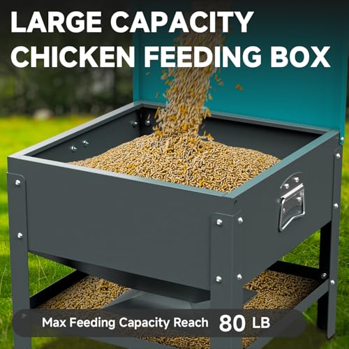 Metal Chicken Feeder with Waterproof Cover, Galvanized Steel Automatic Chicken Feeder, 80 lbs Large Capacity, No Waste Chicken Feeder with Portable Handles, Poultry Feeder for Chickens, Ducks - color: Green