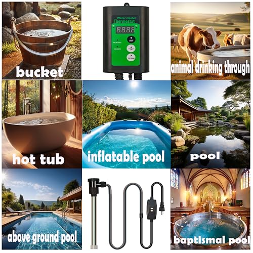 2000W Immersion Water Heater of Above Ground Pool & Baptismal Pool – Portable Fully Submersible Heater with Temp Control & GFCI for Hot Tub, Bucket, Spa, Inflatable Pool, Bucket& Bathtub etc