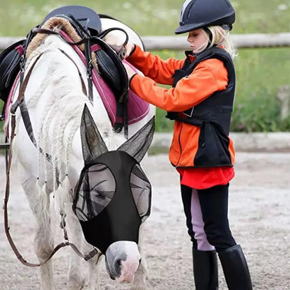 Super Comfort Stretchy Horse Fly Mask 2 Pcs Long Nose with Ears Space with UV Protection Soft on Skin with Breathability (Blue, Black - Full Size)