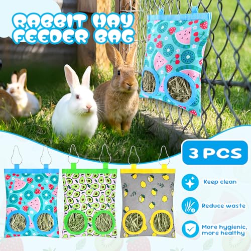 3 Pack Rabbits Hay Feeder Bag, 2 Holes Hanging Bunny Hay Feeder Guinea Pig Feeding Bag Storage Dispenser for Bunny Rabbits Chinchillas Hamsters Small Pets and Animals - color: Blue Green Yellow