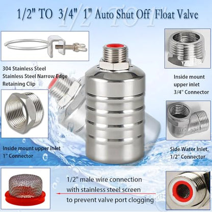 Float Valve, 304 Stainless Steel Float Valve, Automatic Water Level Control Valve - No Electricity Needed, Manual Shut Off for Water Tanks, Pools, Livestock Troughs(1/2” & 3/4” 1” Kit, Side/Top Entry)