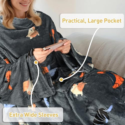 Catalonia Wearable Blanket with Sleeves & Foot Pocket for Adults - color: Dog Grey, size: Fleece