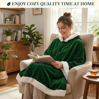 PAVILIA Hooded Blanket Poncho for Women, Fleece Wearable Shawl Wrap, Green | Fleece Shawl Wrap with Hood, Adult Wearable Blanket, Cozy Warm Poncho Cape Throw with Pockets, Gift for Elderly Mom - color: Green