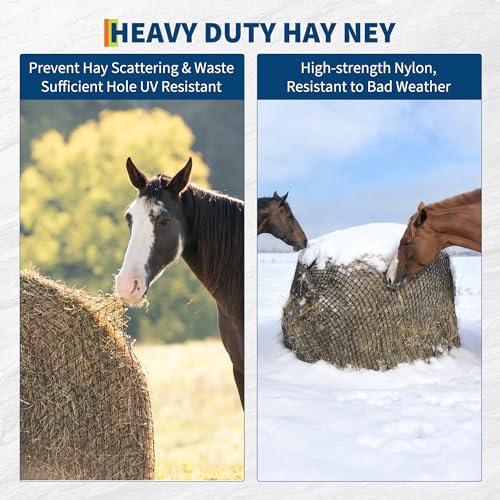 GarveeTech Round Bale Hay Net 5x5 ft, 2 Inch Hole Slow Feed Hay Net, Knotless Heavy Duty Nylon Feeder for Horses Goats Livestock