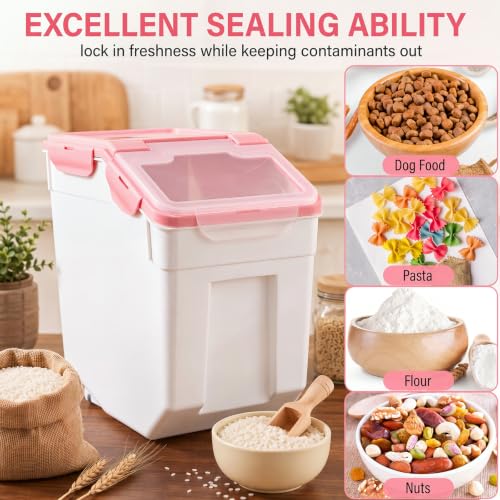 Sunnyray 4 Pcs 55 Lbs Rice Flour Storage Bins with Wheels, Pink - color: Pink, size: 55 lbs