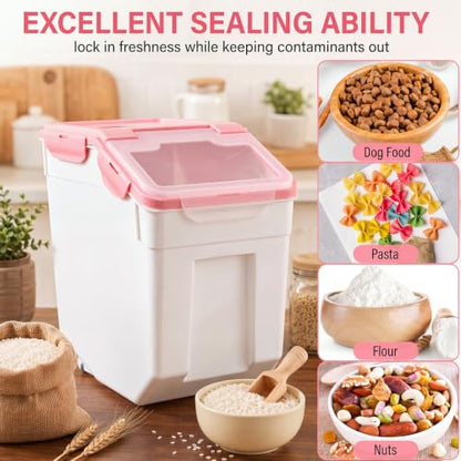 Sunnyray 4 Pcs 55 Lbs Rice Flour Storage Bins with Wheels, Pink - color: Pink, size: 55 lbs