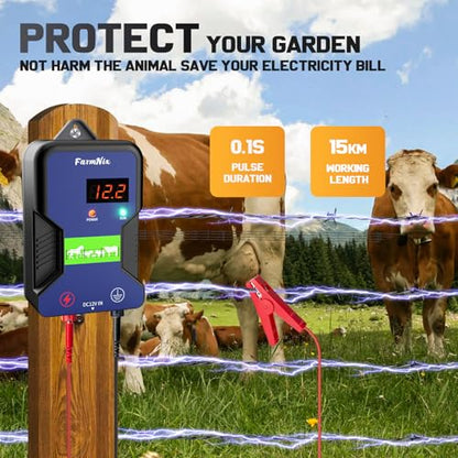 Electric Fence Charger,9.32 Miles/15 Km,12KV Output Voltage 2J Energy Output,AC DC Electric Fence Energizer with LED Display for Preventing Wild Animals Intruding Great for Gardens,Poultry and Pets
