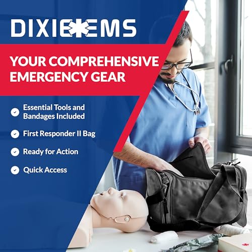 Fully Stocked Trauma First Aid Kit – First Responder II Bag with Tools, Gauze, Bandages, Scissors & Gloves – Compact & Portable – OSHA and ANSI Compliant – Black - color: Black