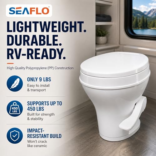 SEAFLO RV Toilet – 18.4" Residential Height, Gravity Flush Foot Pedal, 4-Year Warranty, Fits Most RVs (9.5" Rough-In), Soft Close Seat, 2-Bolt Mount, for Camper Travel Trailer Motorhome SFRTPH-01-01 - color: White