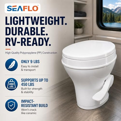 SEAFLO RV Toilet – 18.4" Residential Height, Gravity Flush Foot Pedal, 4-Year Warranty, Fits Most RVs (9.5" Rough-In), Soft Close Seat, 2-Bolt Mount, for Camper Travel Trailer Motorhome SFRTPH-01-01 - color: White