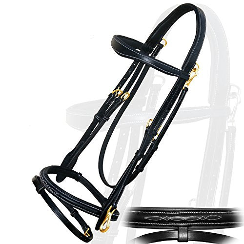 Exion Quick Change Snap English Bridle for Horses – Padded Anatomic Leather Jumping Bridle Set with Rubber Reins – Gold Brass Snaps Wave Browband Raised Cavesson Show Tack, Cob Full Warmblood