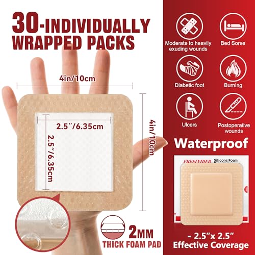 FRESINIDER Silicone Foam Dressing 4" x 4", 30 Pack – Soft Silicone Wound Dressing Pads for Bed Sores & Pressure Ulcers, Post-Surgery Care, Absorbent, Breathable & Gentle on Skin - color: 4" X 4", 30 Pack