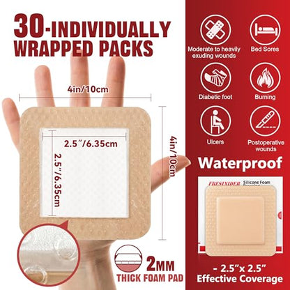 FRESINIDER Silicone Foam Dressing 4" x 4", 30 Pack – Soft Silicone Wound Dressing Pads for Bed Sores & Pressure Ulcers, Post-Surgery Care, Absorbent, Breathable & Gentle on Skin - color: 4" X 4", 30 Pack