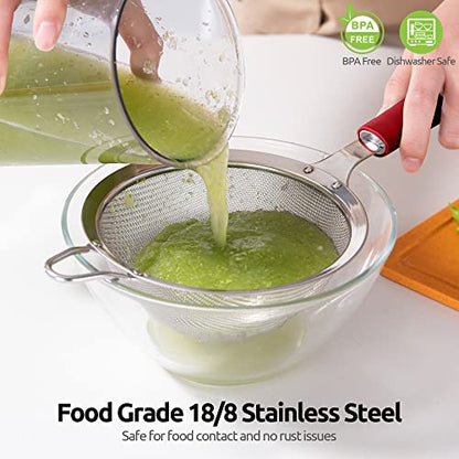 18/8 Stainless Steel Mesh Strainer: U-Taste 5.5 Inch Kitchen Fine Mesh Sieve Food Colander with Riveted Sturdy Silicone Handle and 30 Mesh Hole for Straining Flour, Pasta, Fruit, Quinoa (Red) - color: (4) Red, size: Medium (5.5 x 13 in)