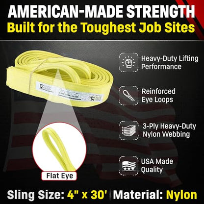 4" x 30' Nylon Lifting Web Sling – USA Made, 15,300 lb Vertical, 12,200 lb Choker, 30,600 lb Basket – 3 Ply Heavy Duty 900 Webbing, Type 3 Flat Eye & Eye Rigging Sling (4" x30') - size: 4"x30'