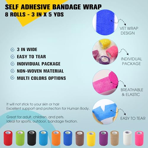 8 Pack Self Adhesive Bandage Wrap, 3 in x 5 Yards Vet Wrap Tape, Royal Blue - color: Royal Blue