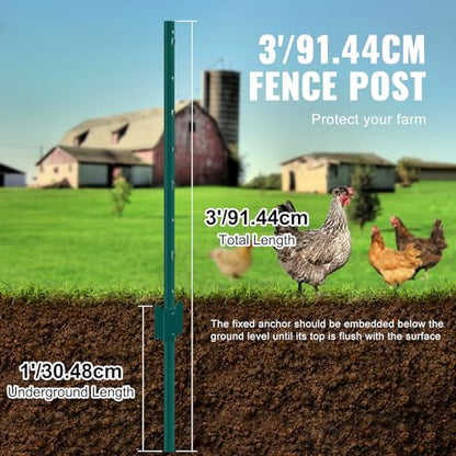 VEVOR 3 Feet Fence Post, 10 Pack U-Channel Heavy Duty Metal Fence Posts with 20 Zip Ties & 20 Clips, Sturdy Steel Fence Stakes for Garden Yard, Lawn, Farms and Outdoor Wire Fencing, Green - size: 3 Feet 10 Pack