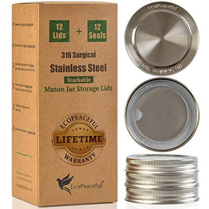 316 Surgical Stainless Steel Mason Jar Lids REGULAR Mouth,ORIGINAL DESIGN,Stackable w/ Pull-Tab Silicone Seal. Rust-proof, Airtight, Leak-proof, Vegan, BPA-Free, Reusable,Not for Canning - size: 12 Regular Mouth Lids