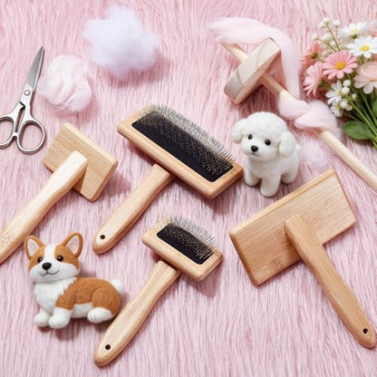 INTERWARM 6Pcs Wooden Drop Spindle and Wool Carder Set, Wooden Wool Carder Brush Hand Carders Spinning Needle Felting Tools for Yarn Blending Spinning Weaving Craft Project Supplies