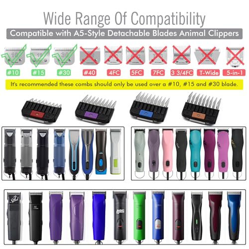 4 Pieces Professional A5 Style Animal Clipper Stainless Steel Color-Coded Attachment Guard Guide Combs Set, 1/8", 1/4", 3/8", 1/2" Compatible with Wahl KM Series Oster A5 Andis AG BG Pet Groomers