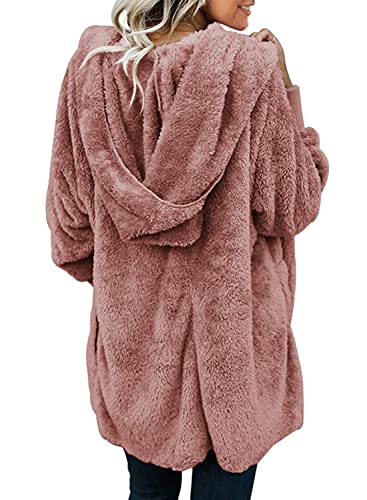 Dokotoo Womens 2025 Winter Long Sleeve Solid Fuzzy Fleece Open Front Hooded Cardigans Jacket Coats Outerwear with Pocket - color: A Pink, size: Medium