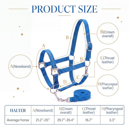 2 Pack Nylon Horse Halter with Reins Adjustable | Training, Show, Pony, Padded, Reinforced, Brass Snap, Equine Stable Supply - color: Blue
