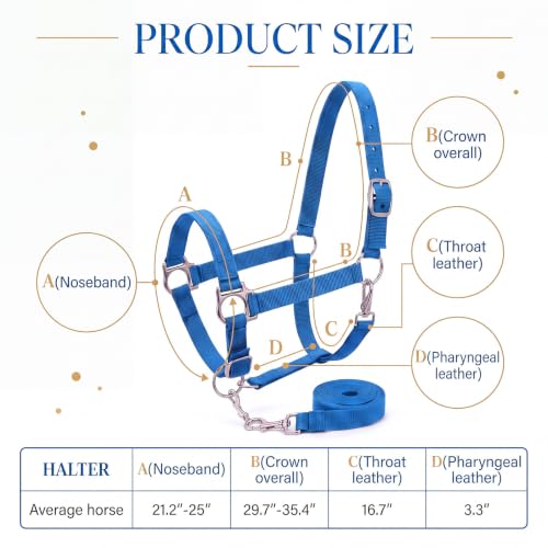 2 Pack Nylon Horse Halter with Reins Adjustable | Training, Show, Pony, Padded, Reinforced, Brass Snap, Equine Stable Supply - color: Blue