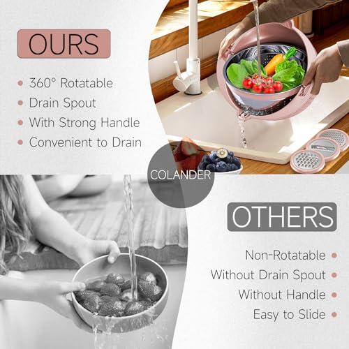 4-1 Colander with Bowl & Spoons Set - Food Strainer with New Upgraded Graters & Spoons - Colanders for kitchen(Patented) - Strainer for Fruit Pasta Veggie, Funny Presents for Women, Pink - color: Pink