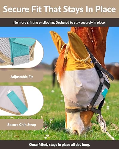 TSZ Horse Fly Mask with Ears Cover - UV Block 70% Breathable Mesh Flymask | Fly Masks for Horses, Durable Fly Control Mask, Comfortable All-Day Protection for Equines. Fleece Padding, Adjustable Straps - size: Horse