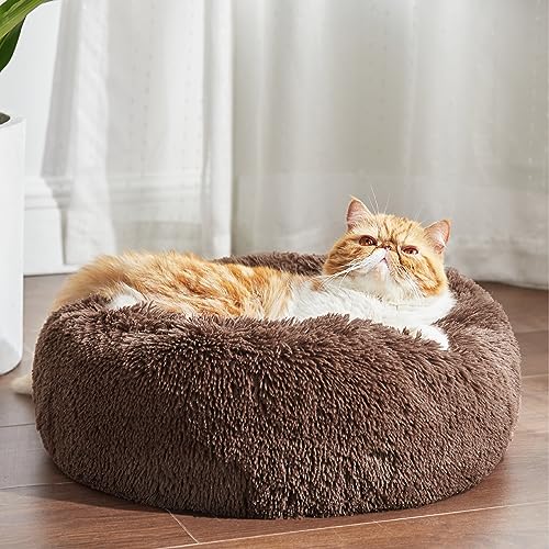 Bedsure Calming Cat Beds Donut Round Washable Kitten Bed,20 inches Coffee | Fluffy Faux Fur Cuddler,Anti-Slip Bottom,Anti-Anxiety,Deep Sleeping for Cats&Small Pets Up to 15 Lbs - color: Coffee, size: 20"L x 20"W x 6"Th