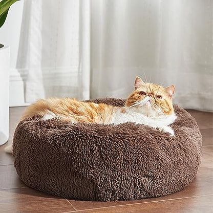 Bedsure Calming Cat Beds Donut Round Washable Kitten Bed,20 inches Coffee | Fluffy Faux Fur Cuddler,Anti-Slip Bottom,Anti-Anxiety,Deep Sleeping for Cats&Small Pets Up to 15 Lbs - color: Coffee, size: 20"L x 20"W x 6"Th