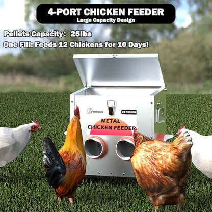 Metal Chicken Feeder Large Capacity 25lbs Automatic Metal Chicken Feeders No Waster Weatherproof Poultry Feeder for Chickens, Geese, Ducks, Turkeys (4-Port) - style: 25lb Feeder with 4 Ports