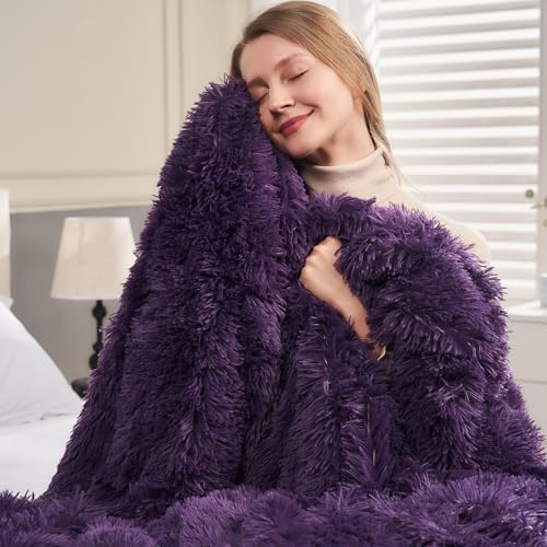 GONAAP Fuzzy Faux Fur Throw Blanket for Couch, Purple, 50"x60" - color: Purple, size: Throw(50"x60")