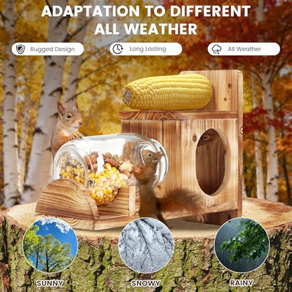 Wooden Squirrel Feeder with Glass Jar, Outdoor Chipmunk Feeder