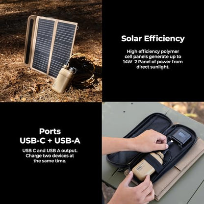 NESTOUT Portable Solar Panel, USB-C and USB-A Ports, 14W Solar Charger for Camping, Water Repellent Ripstop Nylon, Foldable Compact Design, Digital Ammeter, Adjustable Stand, Beige (2 Panel) - color: Beige 2-Panel (Upgraded)