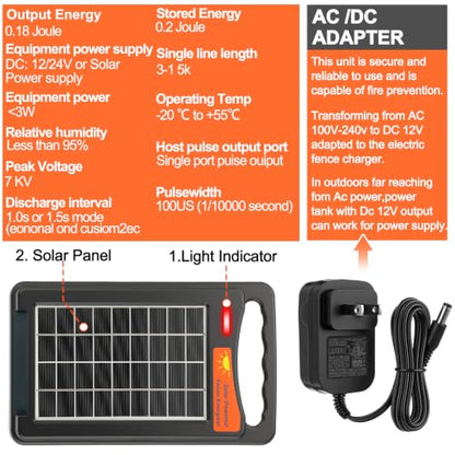 Relaxweex 9 Miles Solar Electric Fence Charger, Output 0.18j Electric 24-Hour Uninterrupted Protection Solar Fence Charger Can Work for 14 Days Without Sunlight