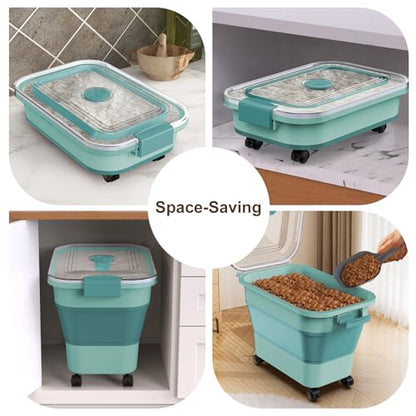 Rice Storage Container, Collapsible Airtight Food Storage Containers 20-30lbs with Clear Lid and Wheels, Rice Dispenser with Scoop for Flour Cereal Pasta Grain, Cat Pet Bird Dog Food Storage Container - size: 15-30 Lbs