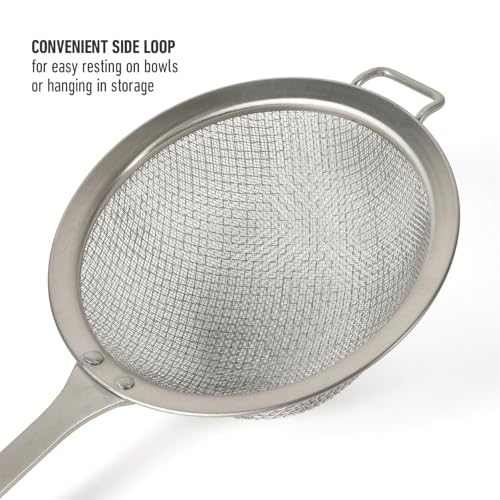 Calphalon Edge Stainless Steel Mesh Strainer with Thermoplastic Rubber Handle, Fine Kitchen Sieve for Draining, Rinsing, Sifting & Food Prep Tasks, Taupe - color: Taupe w/ Rubber Handl (Edge - Strainer)